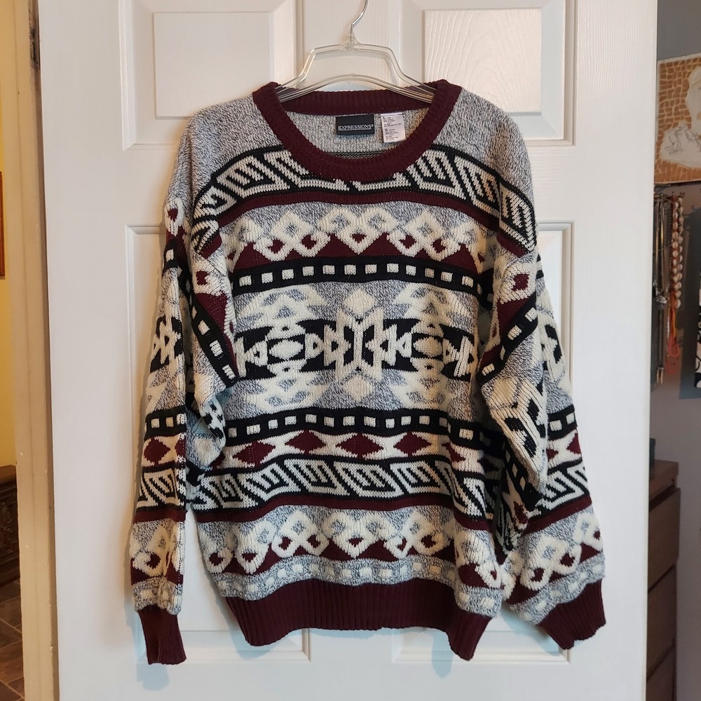 Expressions Vintage Aztec Geometric Knit Sweater Mens Large Burgundy Gray 90s